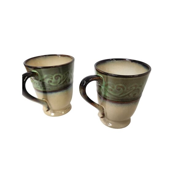 Set of 2 Pier 1 Imports Stoneware Mugs Green Beige 16 oz Microwave Dishwasher Sa - Picture 2 of 7
